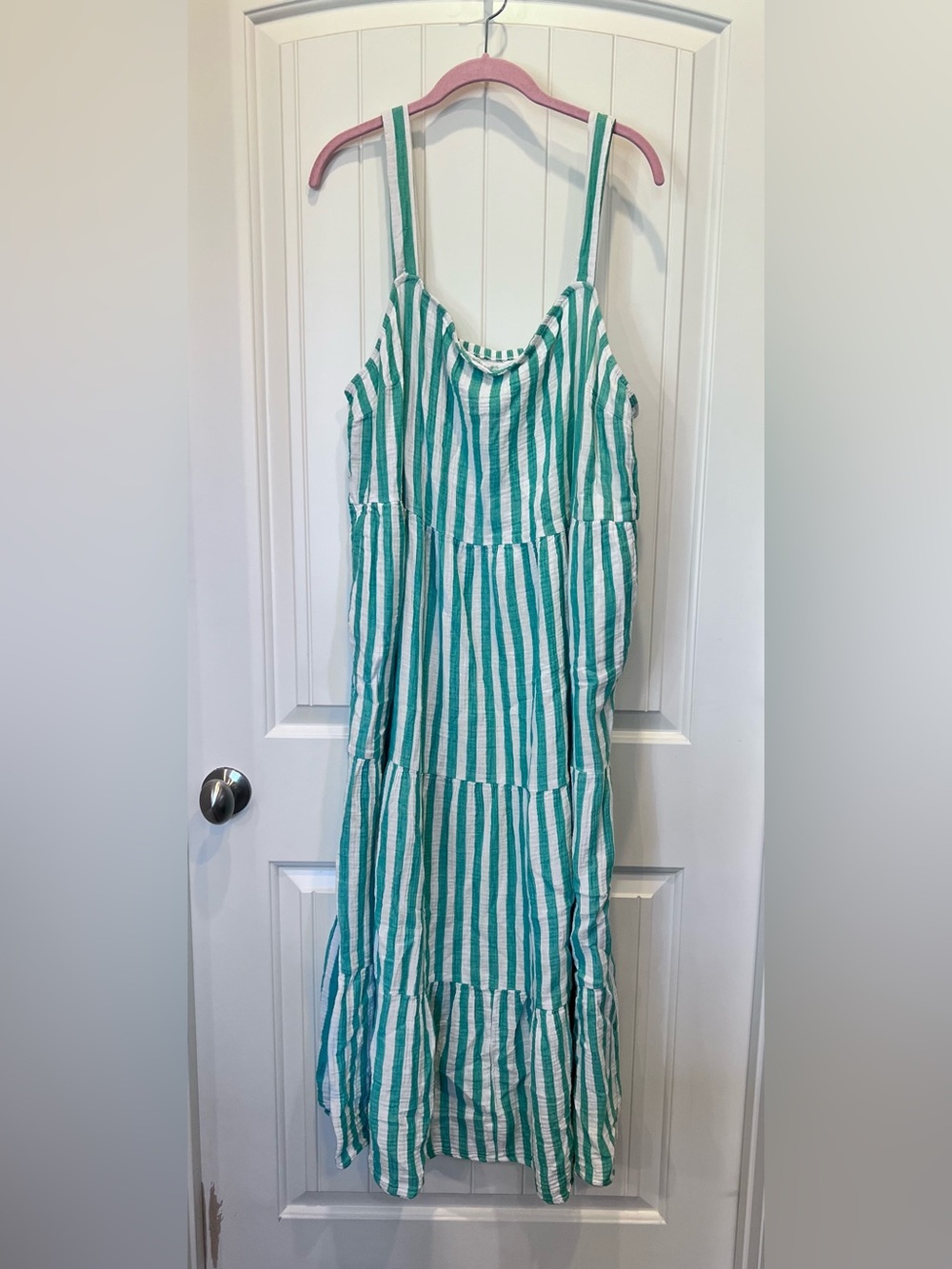 Green & White Striped Tiered Smocked Back Cotton Sundress Sz 2X